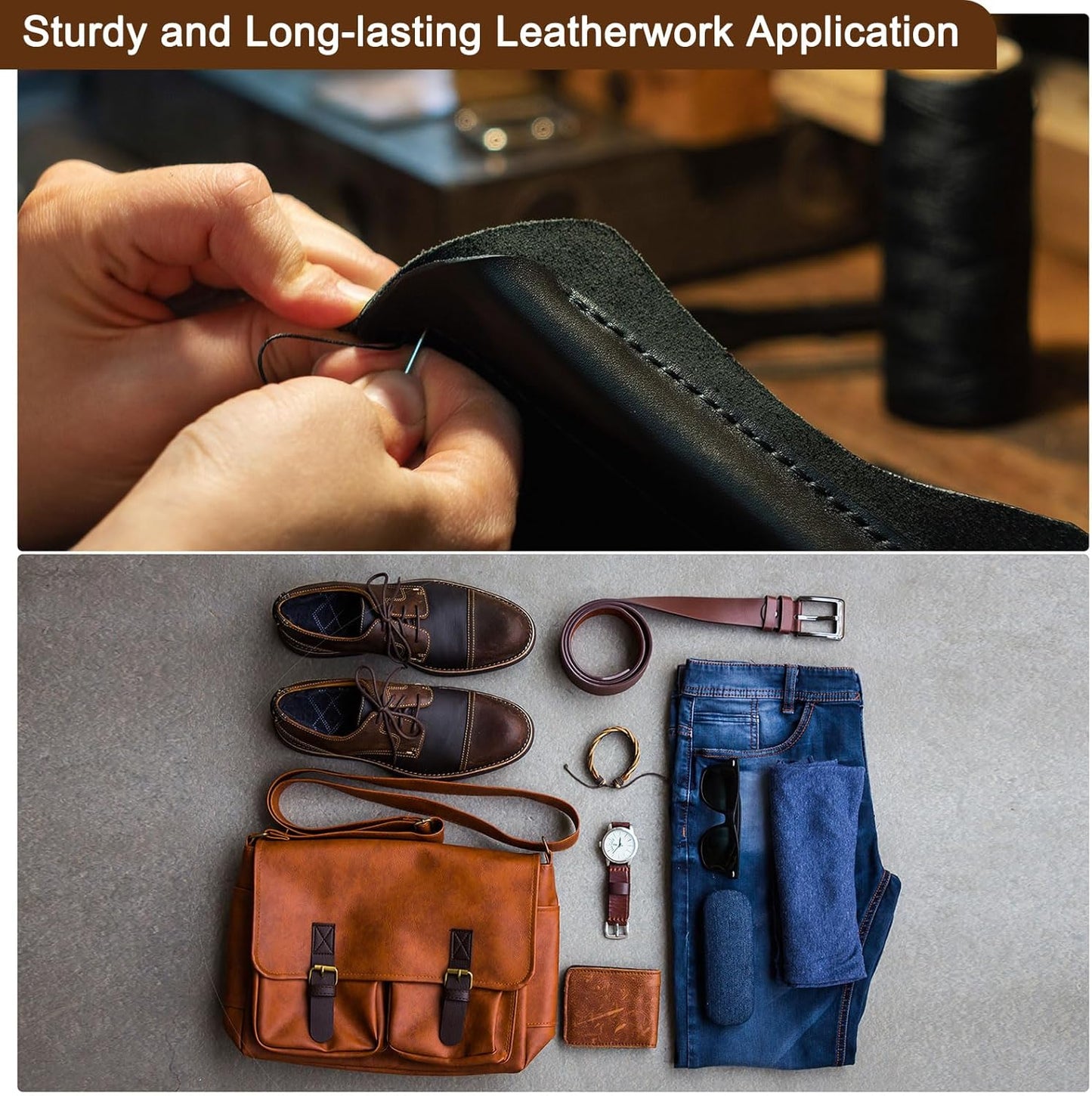 uxcell Leather Sewing Waxed Thread, 284 Yards / 260m 0.8mm 150D Flat Polyester All-Purpose Threads for Leather Crafts, Bookbinding, Apricot Gold