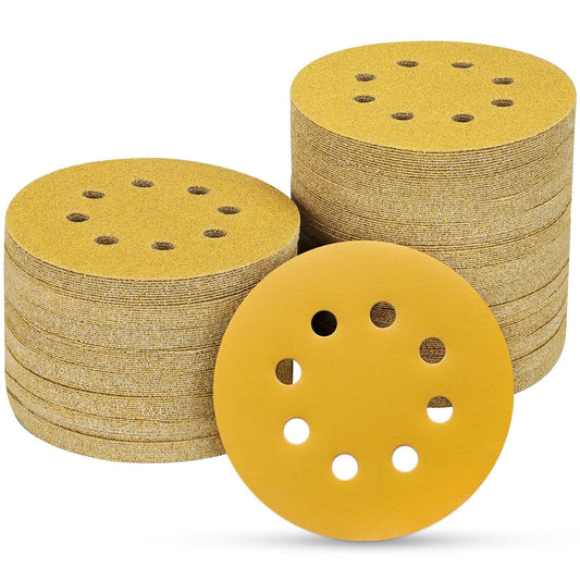 100PCS 5 Inch 8 Hole Sanding Discs 400 Grit,Gold Round Hook and Loop Sandpaper for Random Orbital Sander