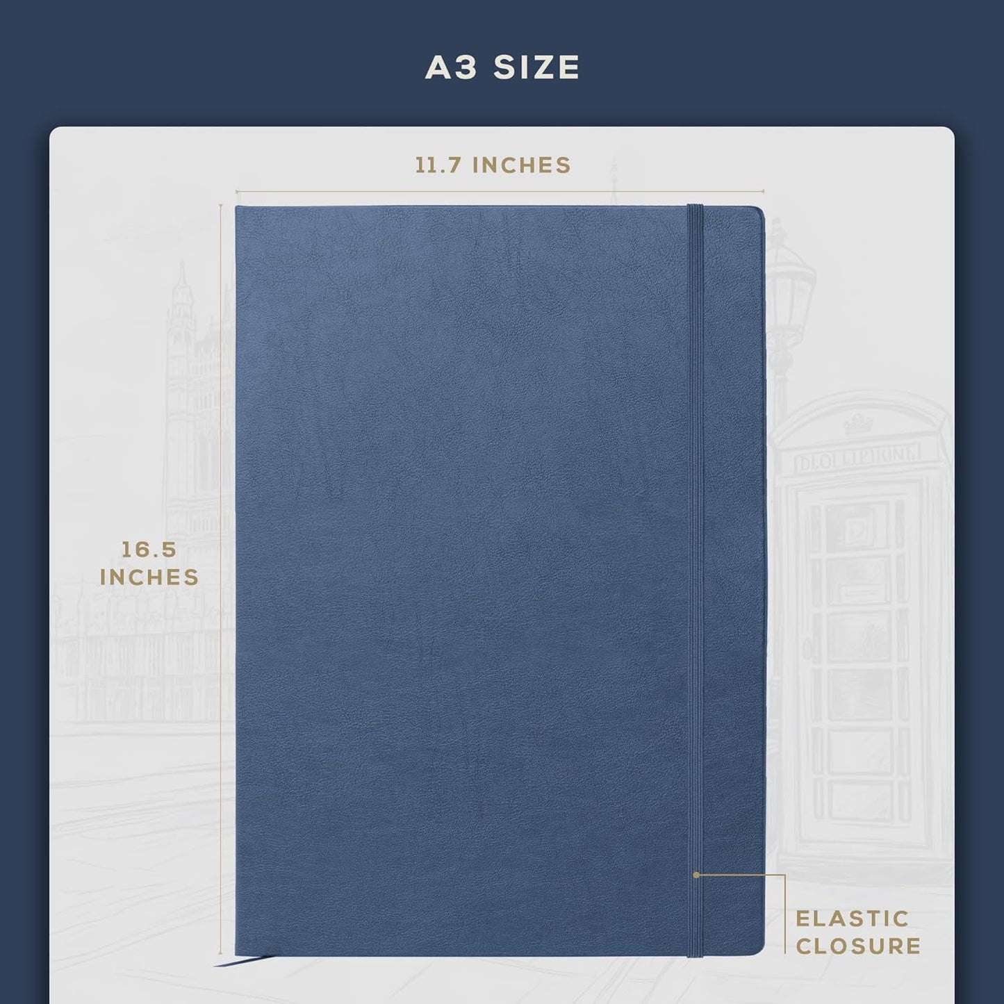 Beechmore Books A3 Sketchbook – 11.7x16.5 Premium Vegan Leather Bound Extra Large Sketch Book Hardcover, 160gsm 160 Perforated Ivory Pages, Blank Sketch Pad, Gift Boxed, Back Pocket, Ribbon Bookmark