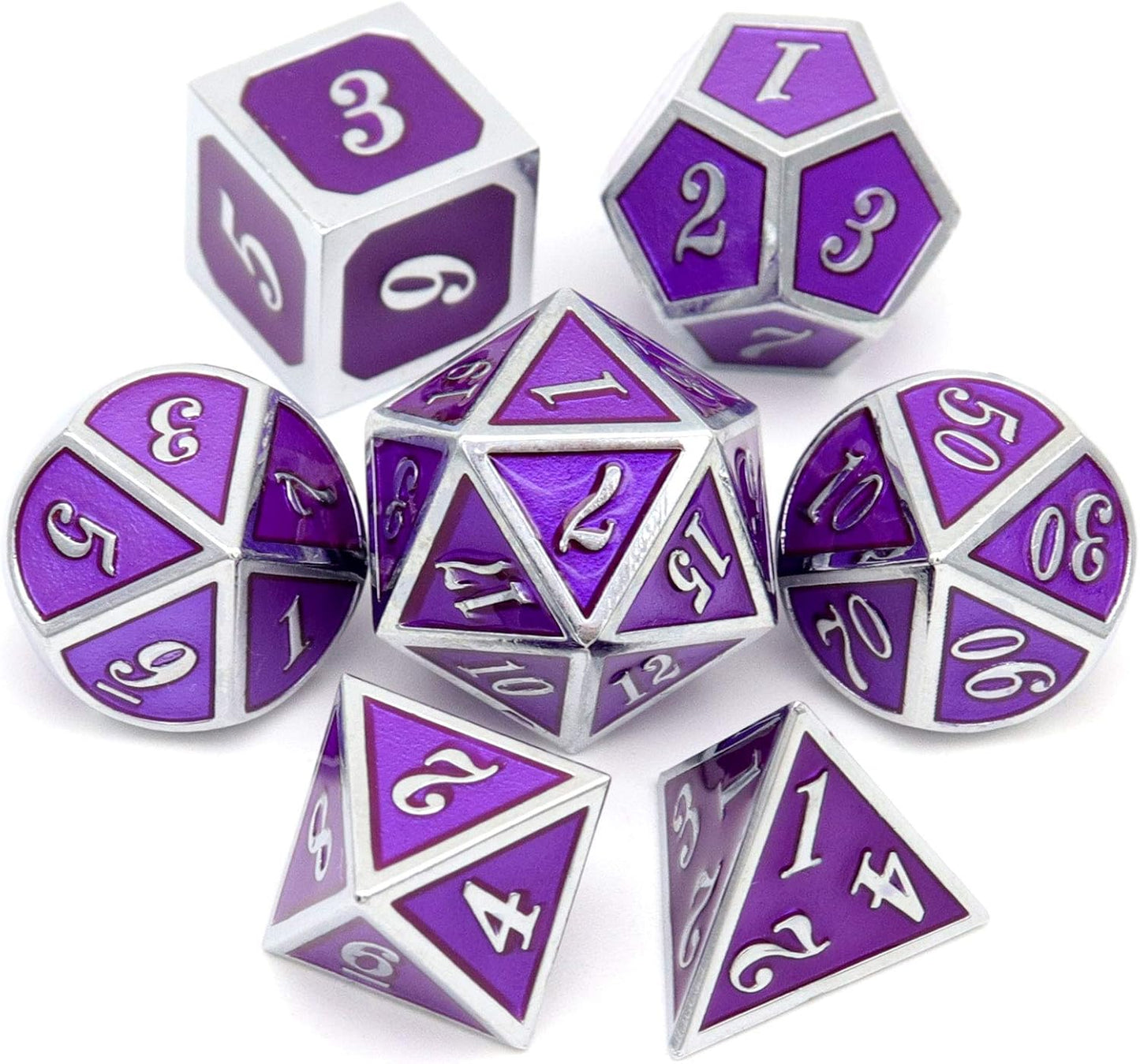 Haxtec Metal DND Dice Purple Silver with PU Leather Dice Bag D&D Dice Set for RPG Compatible with Dungeons and Dragons Gifts TTRPGs-Silver Royal Purple