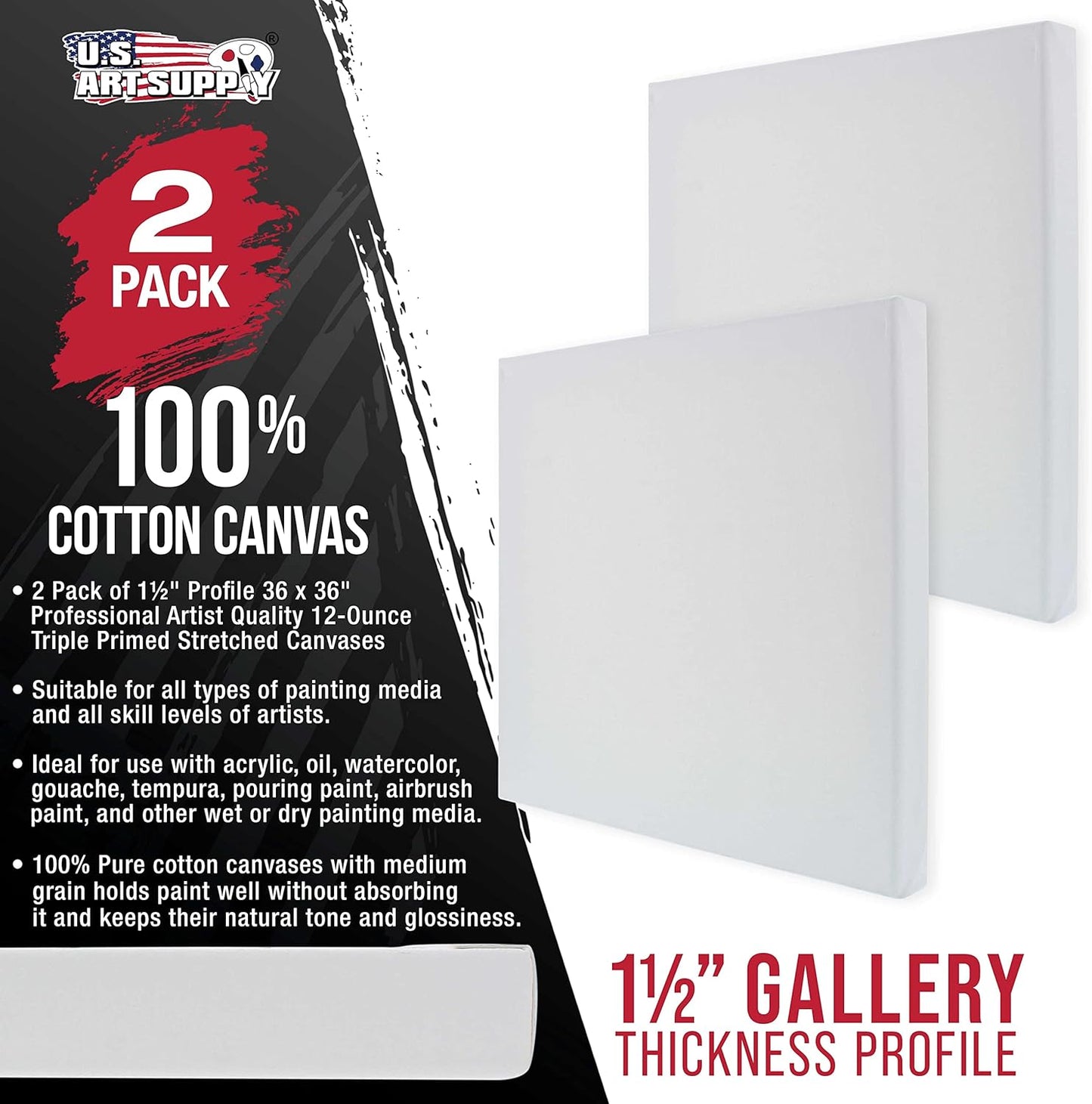 U.S. Art Supply X-Large Stretched Canvas for Painting 36x36 inch Gallery Depth 1-1/2" Thick, 2-Pack - 12oz Acrylic Gesso Triple Primed, Professional Artist Quality, 100% Cotton - Oil, Pouring Paint