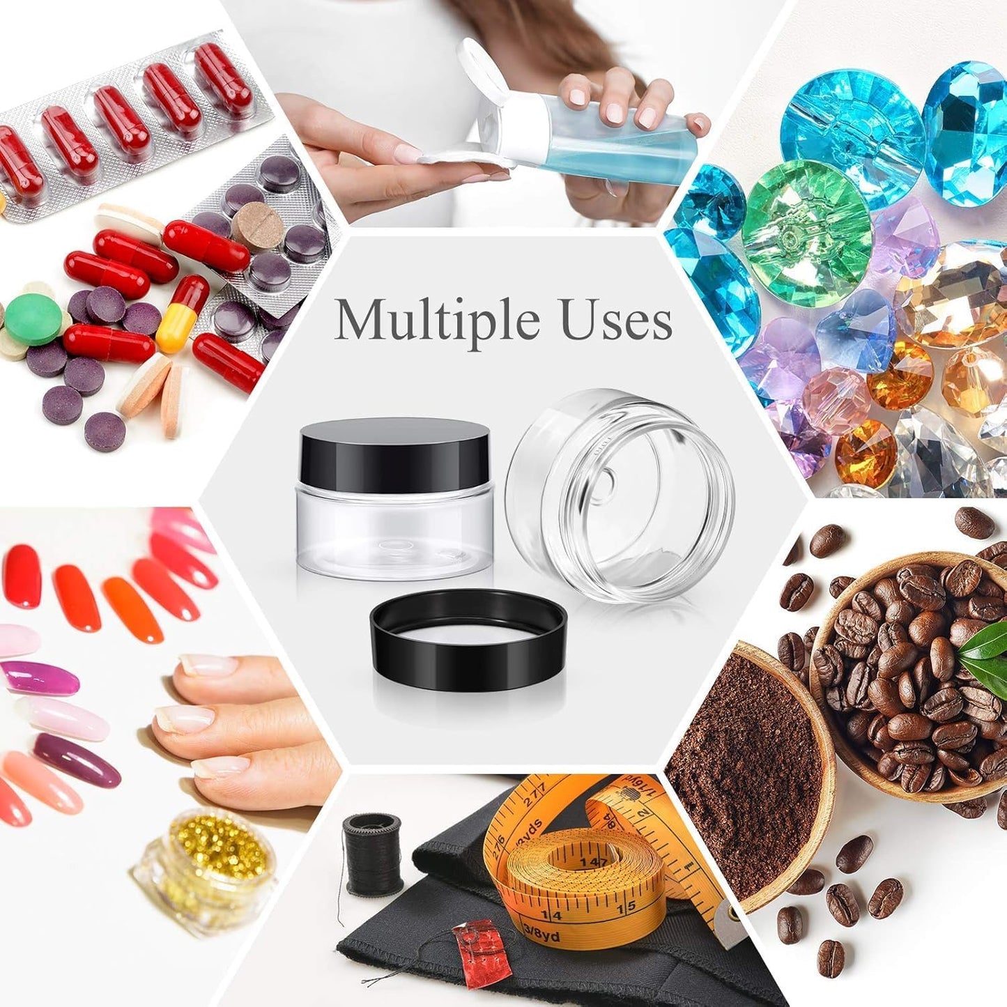 12 Pack 5 OZ Plastic Container Jars with Lids Round Clear Travel Cosmetic Container Jars for Toiletries, Lotion, Cream, Ointments, Makeup, Rhinestone, Samples, Kitchen Storage(Black, 5 OZ)