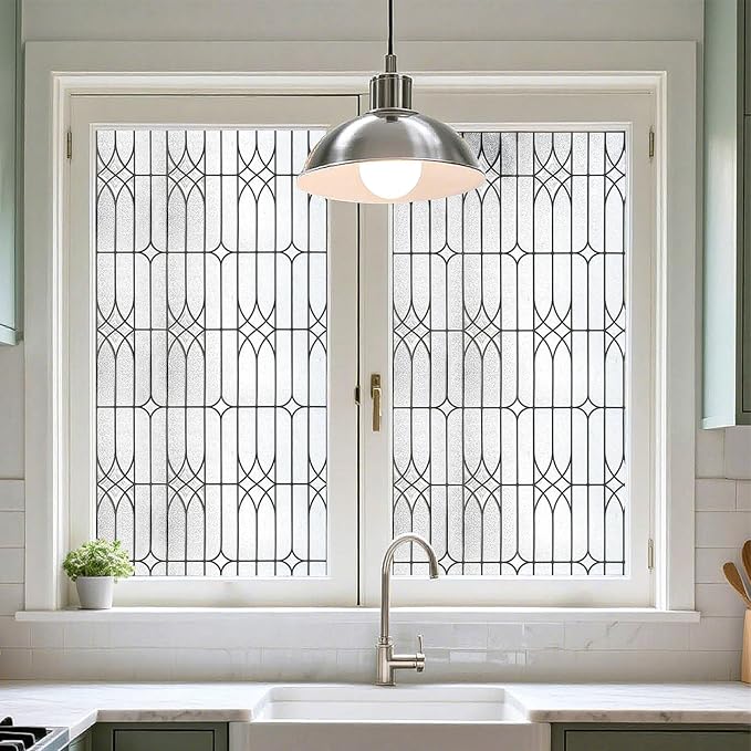 Window Privacy Film, Stained Glass Decorative Static Cling, Removable Sun Blocking Vinyl Covering,Window Film for Home Kitchen Living Room, Dusseldorf, 17.3" x 78.7"