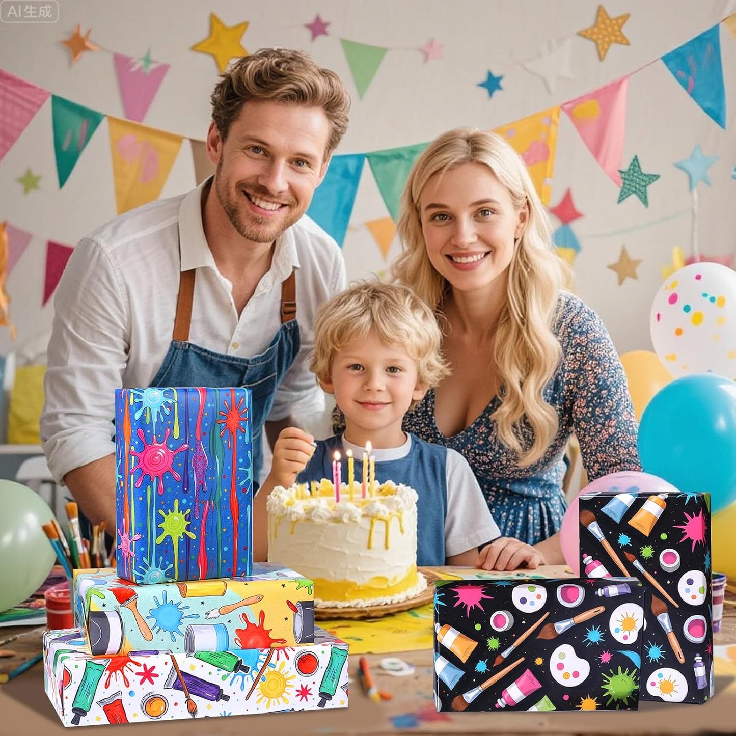 Pineraap 12 Sheets Art Wrapping Paper, Painting Palette Brushes Paint Design Gift Wrap Paper, Creative Art Doodles Folded Flat Gift Wrap for Artists, Birthdays, Celebrations, 19.7 x 27.6 Inch