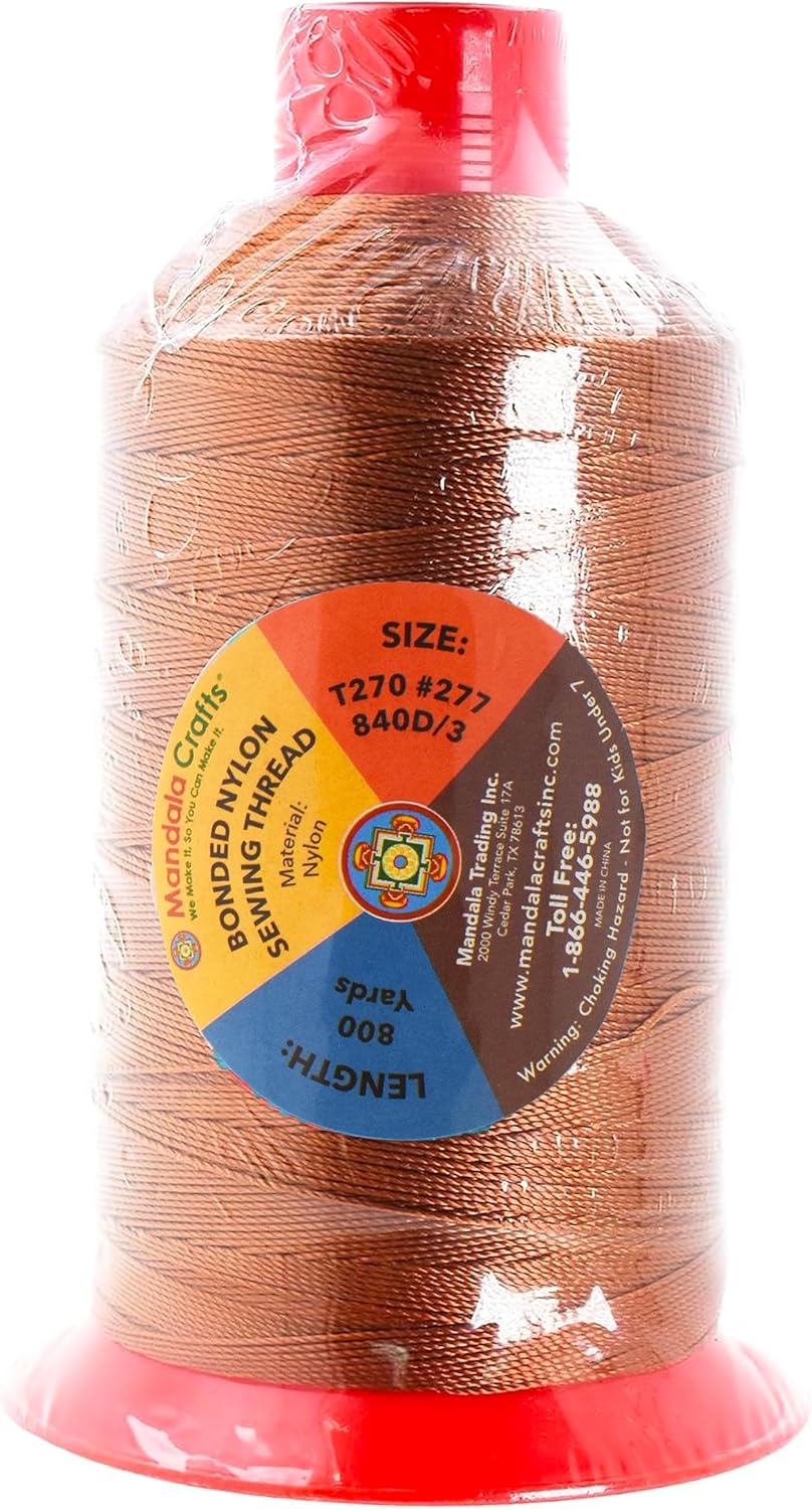 Mandala Crafts Bonded Nylon Thread Bourbon Brown Heavy Duty Sewing Threads - 800 YDs Size 277 840D T270 Tex 270 Thread for Leather, Jeans, Weaving, Outdoor, Marine, Upholstery