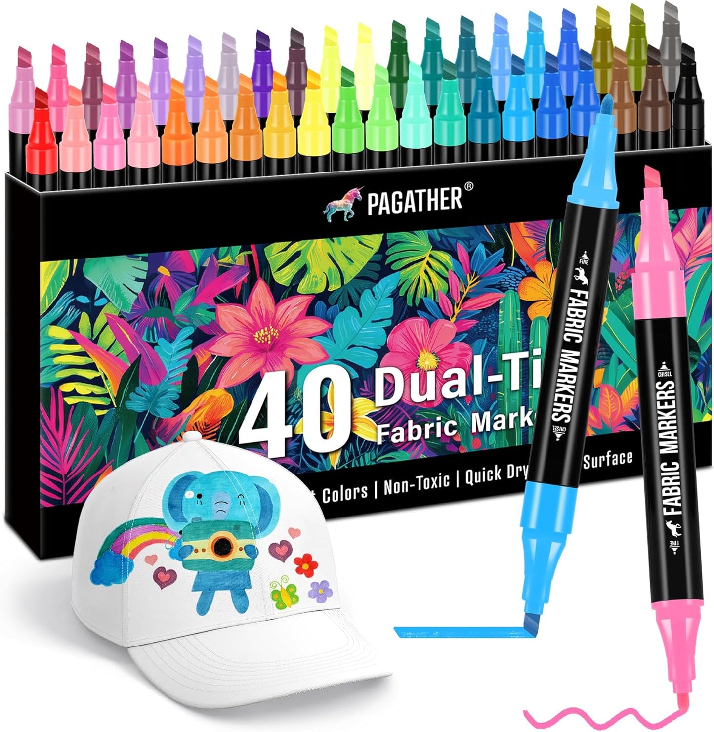 Fabric Markers Permanent for Clothes, 40 Colors Dual Tip with Fine and Chisel Tips Paint Pens for Clothing Canvas Tote Bags T-Shirt and Shoes, Non Toxic Ink for Kids and Adults