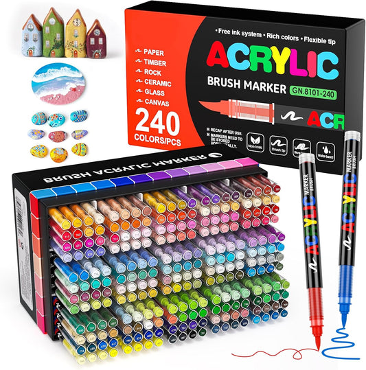DICEKOO 240 Colors Acrylic Paint Markers, Soft Brush Tip Pens with Automatic Ink Control System, Waterproof, Quick-Drying, Lightfast, for Rock Painting, Canvas, Wood, Egg & DIY Crafts Art Supplies