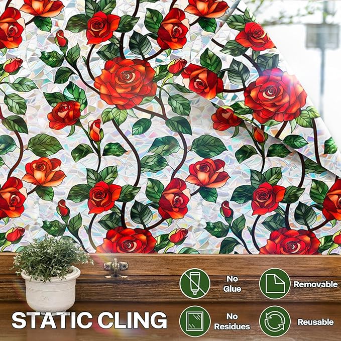 Stained Glass Window Film, Rose Floral Privacy UV Resistant, Removable Static Cling Rainbow Window Decals, Sun Blocking Decor for Bedroom Living Room, 16.93x78.74 Inch