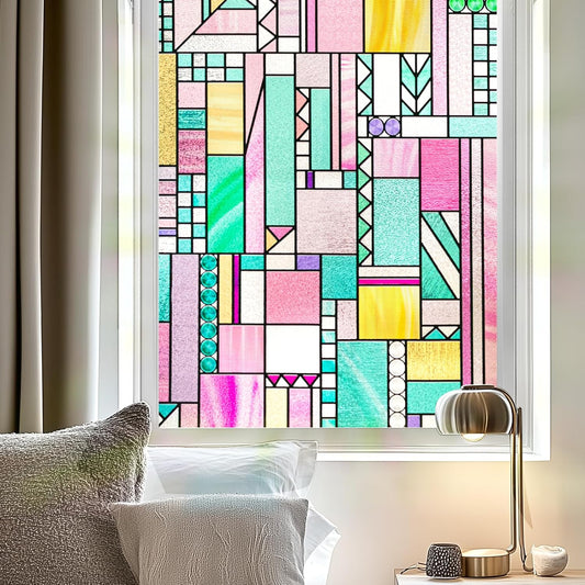 3D Stained Glass Window Privacy Film, Heat Control UV Blocking Static Cling Decorative Window Film for Bathroom,Front Door,Home Non Adhesive,23.6 x 35.4 inches Vibrant Reverie