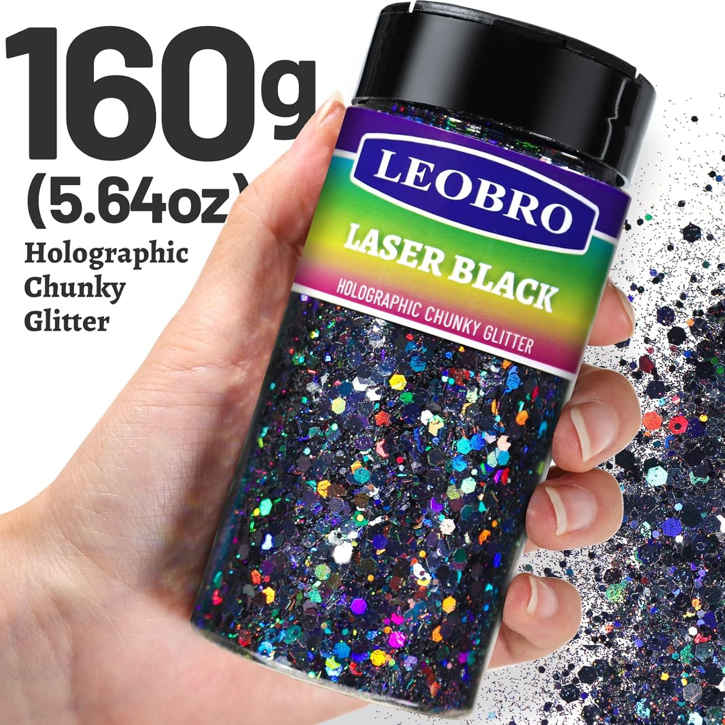 LEOBRO Black Glitter, 160g/5.64oz Holographic Chunky Glitter for Crafts, Resin, Body Nail, DIY Decorations, Holographic Black