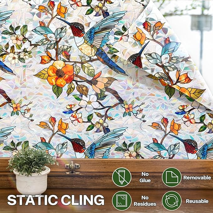 Stained Glass Window Film UV Resistant Window Privacy Film Hummingbird Floral Privacy Rainbow Decals Living Room Bedroom Sun Blocking Decor Removable Static Cling Stickers 17 x 39.37 Inch