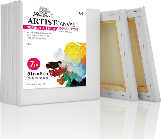 PHOENIX Stretched Canvas for Painting 8x8 Inch/7 Value Pack, 8 Oz Triple Primed 5/8 Inch Profile 100% Cotton White Blank Canvas, Square Framed Canvas for Oil Acrylic & Pouring Art