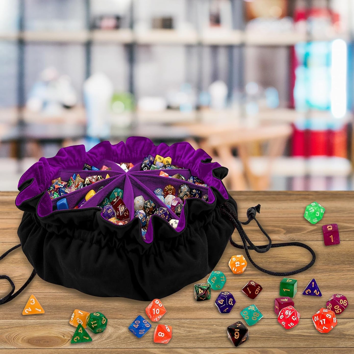 SIQUK Large Dice Bag with Pockets Drawstring Dice Bag DND Dice Storage Bag Big Capacity Dice Pouch for RPG MTG Table Games, Hold over 300 Dice (Black & Dark Violet)