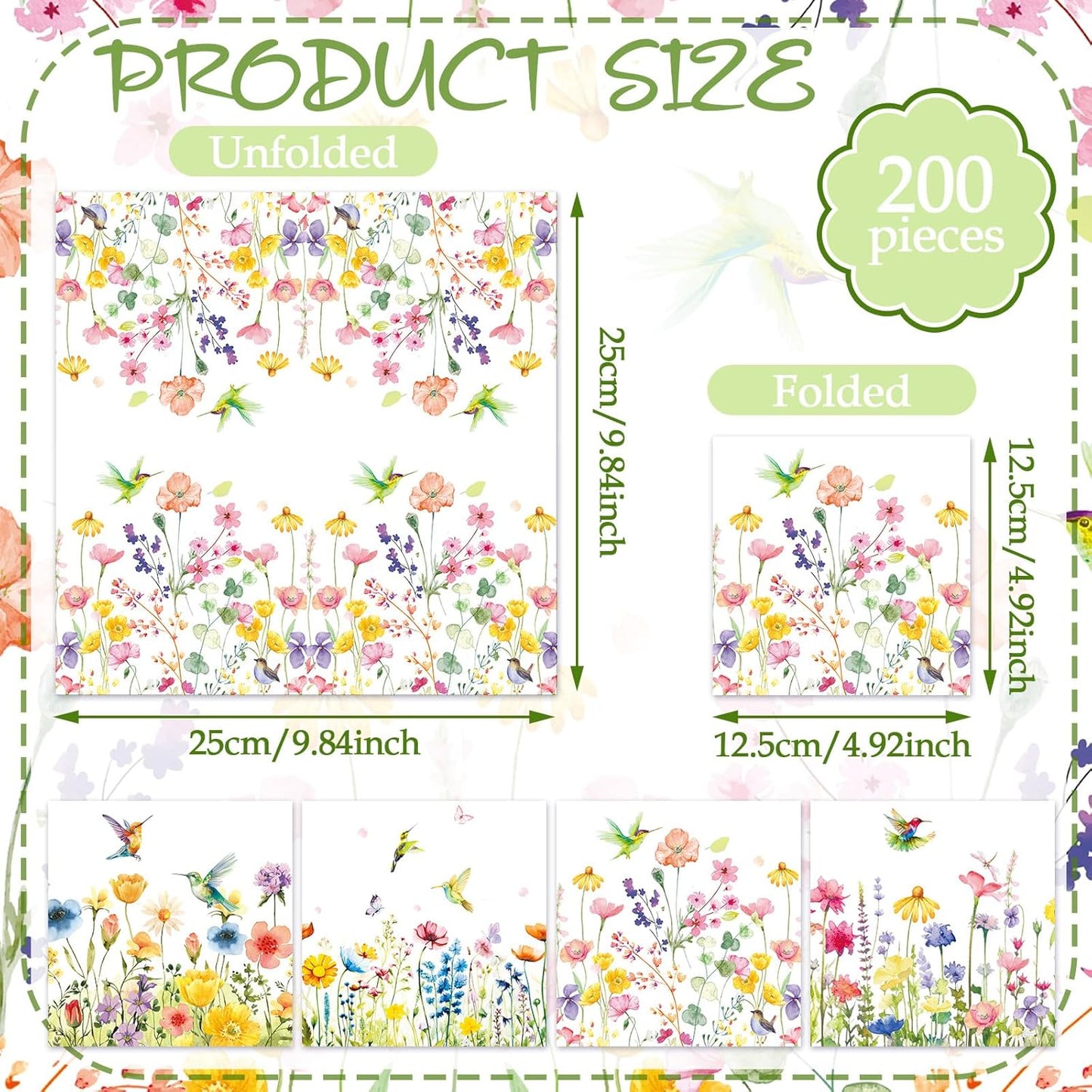 Fulmoon 200 Pieces Christmas Wildflower Cocktail Napkins Decoupage Disposable Fall Floral Dessert Paper Dinner Napkins Decorative Flower Hummingbird Beverage Towel for Xmas Party Favor Supplies