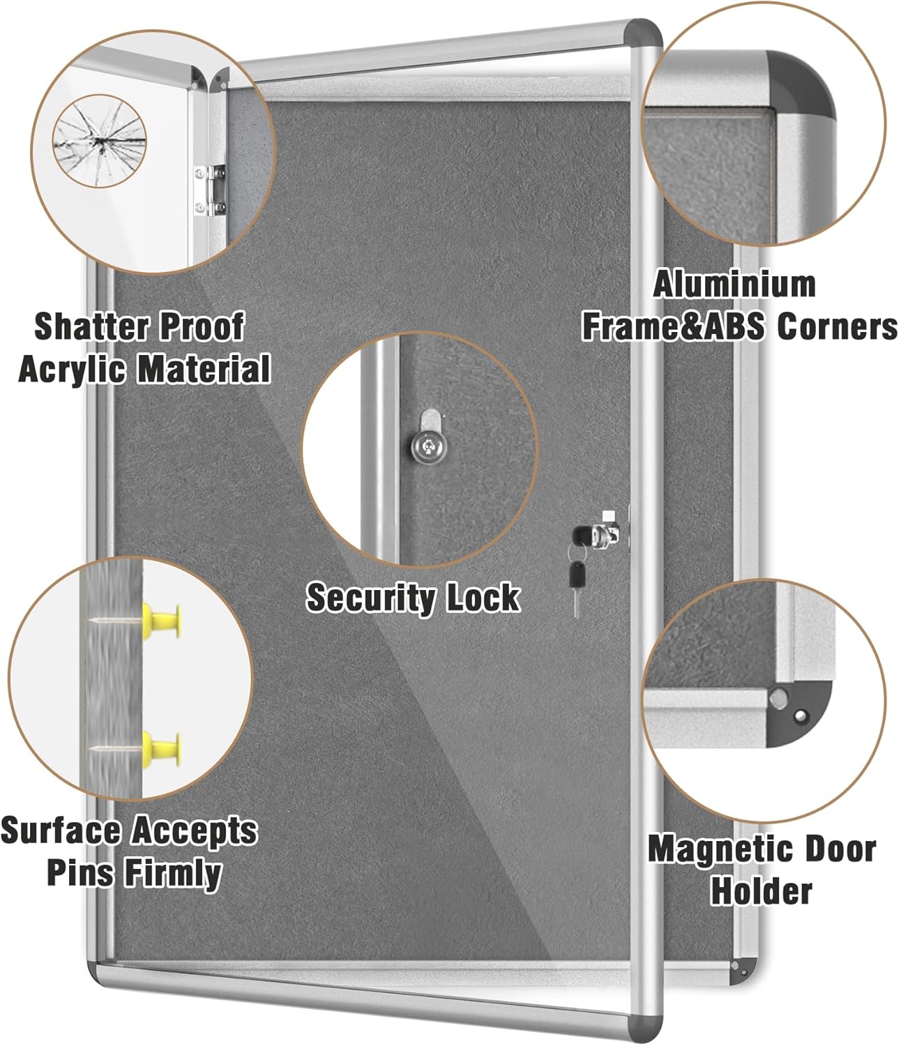 38"x28" Enclosed Bulletin Board, Lockable Weather-Resistant Aluminum Cork Noticeboard for School & Office, Silver Frame w/Grey Flet