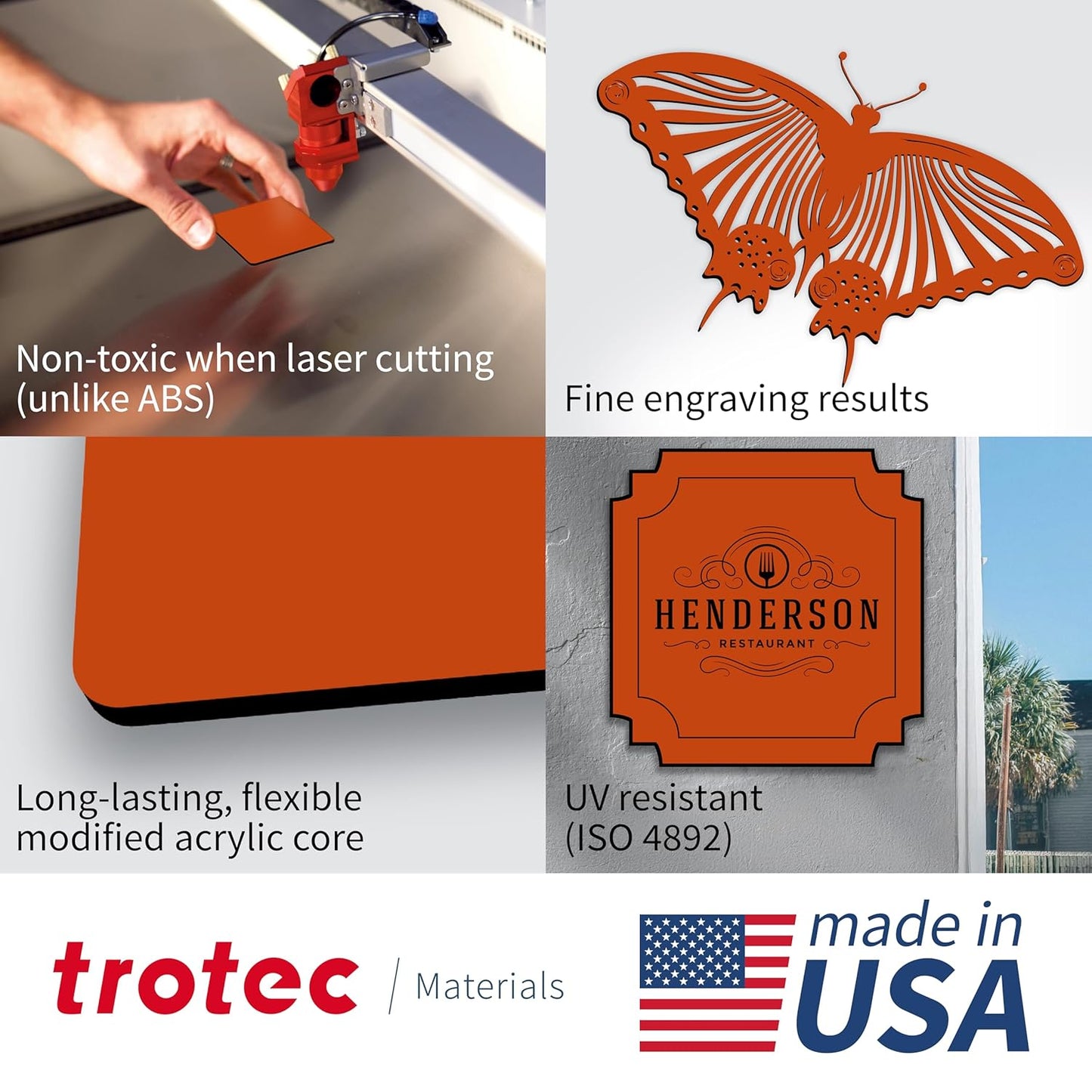 Trotec TroLase | 12"x12"x1/16", 8 Pcs | Orange/Black | 2 Ply | Modified Acrylic | Laser Engraving Double Color Plastic Sheet | Engraving Blanks for Laser, Saw, Guillotine | Made in USA