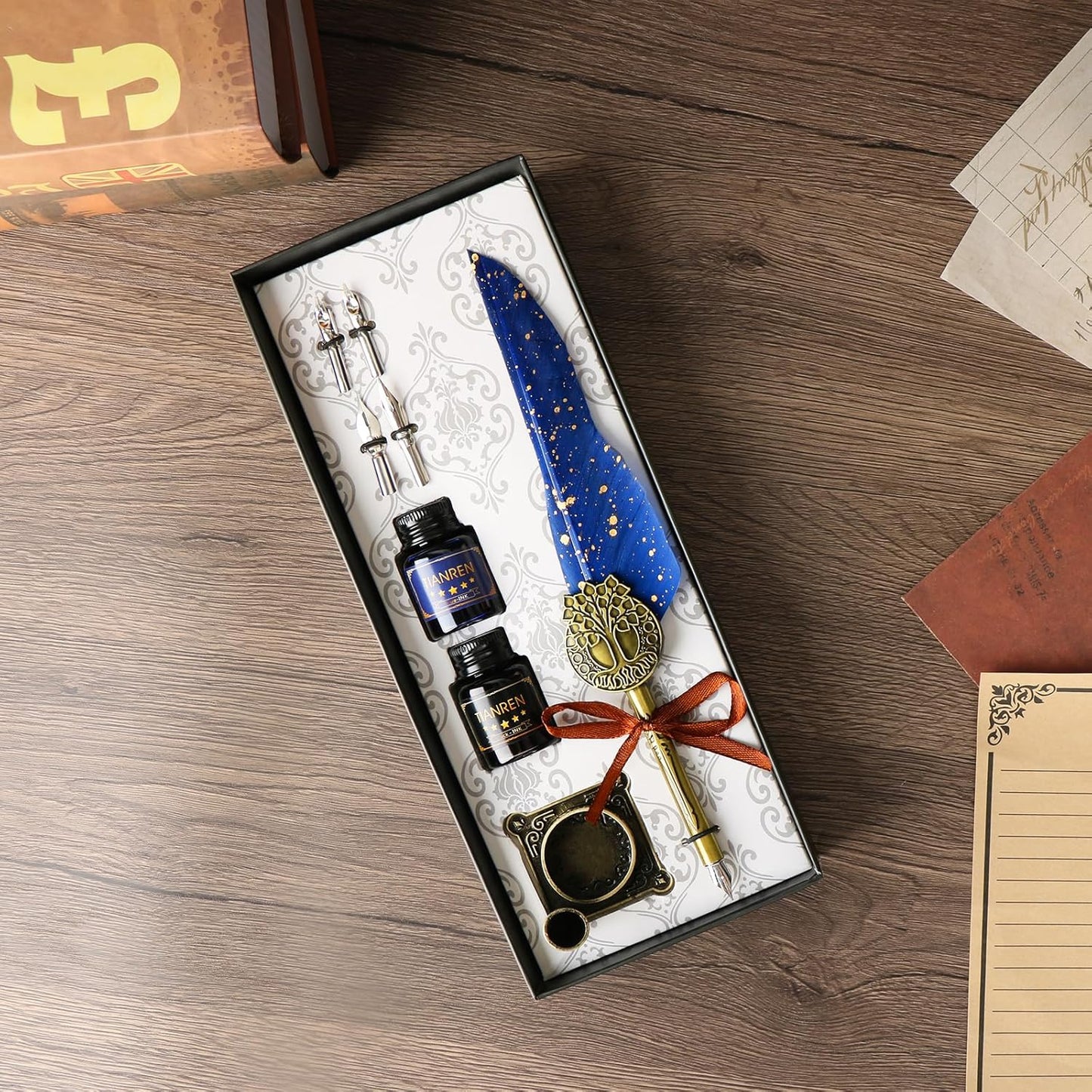 Feather Pen and Ink Set,quill pen ink set,Antique Calligraphy Pen with 4 Replaceable Nibs,2 Bottle of ink,Pen Holder Christmas Gift for Men&Women.(Blue)