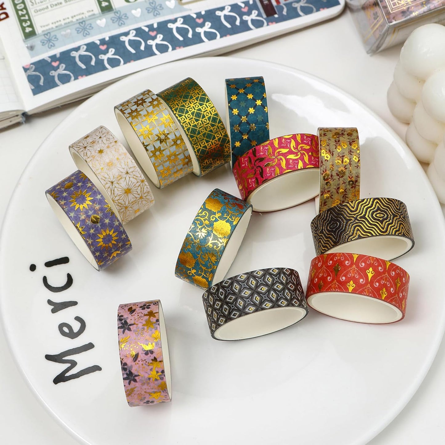 12 Rolls Charming Washi Tape Set Gold Silver Foil Detailing Arts Adhesive Tapes Basic Patterns Decorative Masking Tape Sets for Craft, Kids, Scrapbook, DIY, Gift Wrapping (Golden Galaxy)