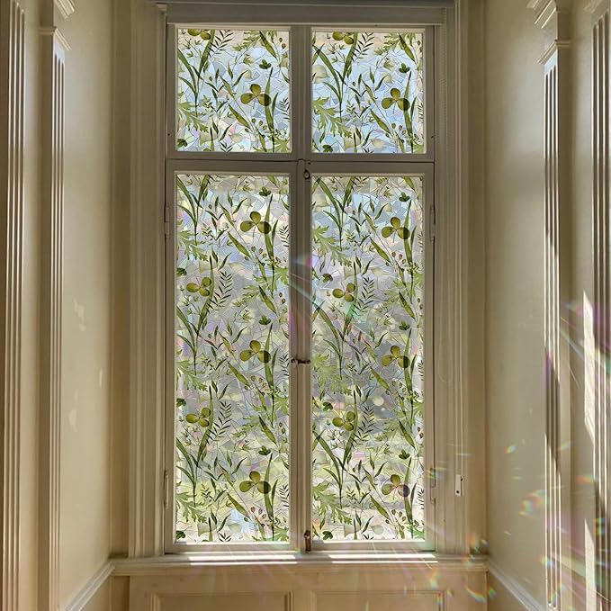 Rainbow Watercolor Green Leaves Window Film, Privacy Iridescent Static Cling Double-Sided Decals for Window Door Glass Decor, Herbs, 118.11" x 29.52"