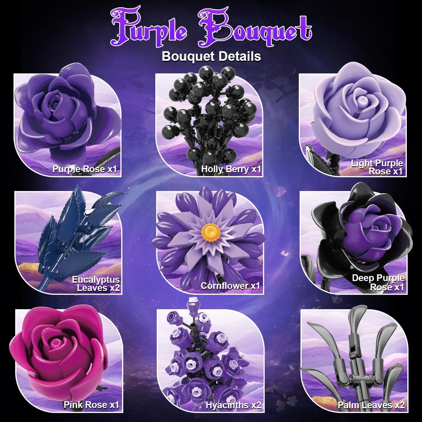 Gohero Purple Roses Building Blocks Set (822PCS) - Lego Compatible Flowers for Adults, Gothic Home Decor, for Women & Teen Girls, Making It an Ideal Gift for Halloween, Valentine's Day.
