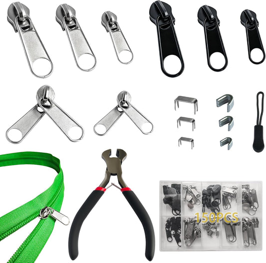 Vintrex 150 Pcs Zipper Repair Kit with Replacement Sliders, Metal Zipper Pull Replacement Kit with Install Plier for Jackets, Coats, Tents, Backpacks, Sleeping Bags, and Luggage