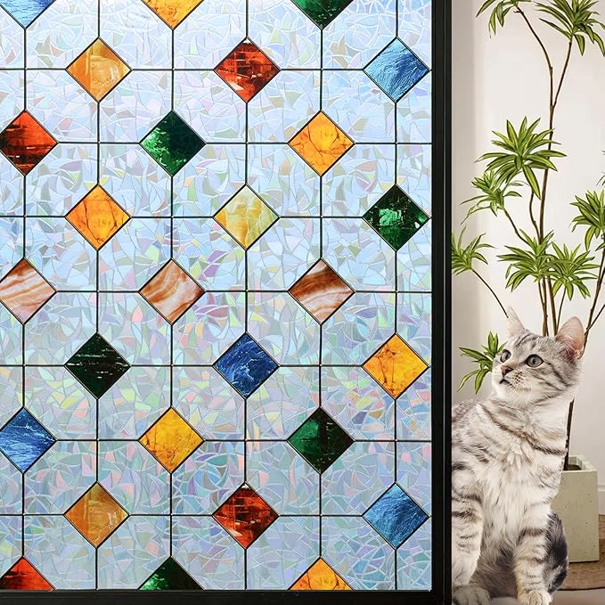 DKTIE Colorful Gem Lattice Pattern Decorative Window Privacy Film Rainbow Stained Glass Window Film Classroom Decor Renter Friendly Decor (S533, 29.5in X 118.1in)