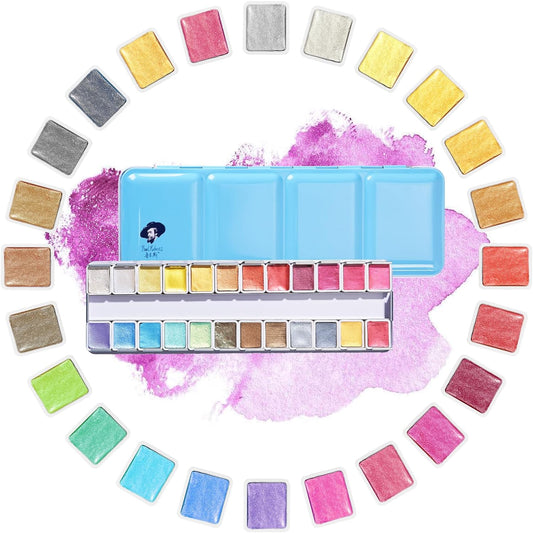 Paul Rubens Professional Metallic Watercolor Paints Set, Pearl Paint, Portable Metal Case with Palette, Set of 24 Half Pans, Art Supplies for Artists, Beginners, Hobbyists, Students
