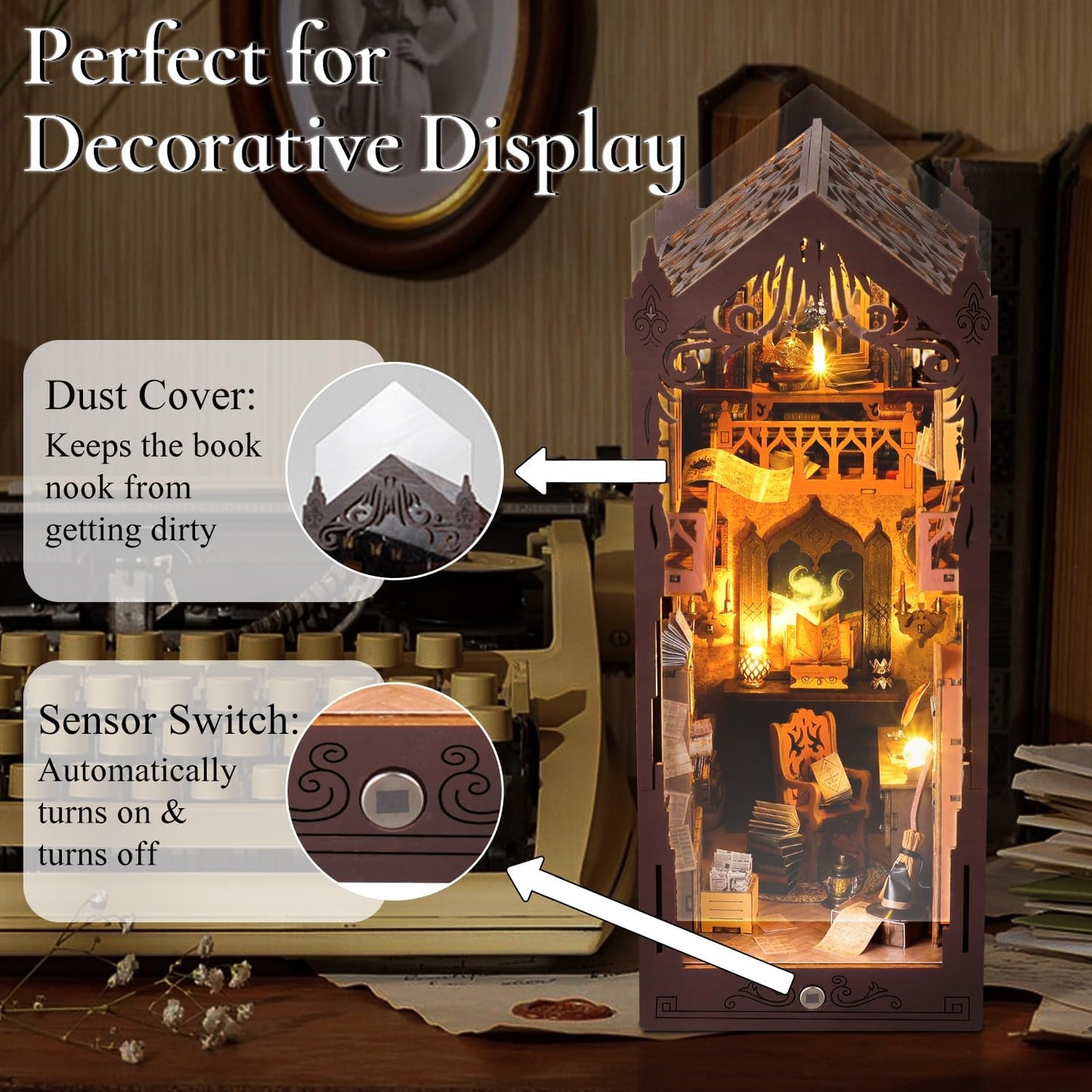 TuKIIE DIY Book Nook Miniature Kit, Booknook Dollhouse Bookshelf Insert with Sensor Light & Dust Proof, Wooden Decorative Bookend Stand Model Kits for Kids Teens Adults(Magic Library)