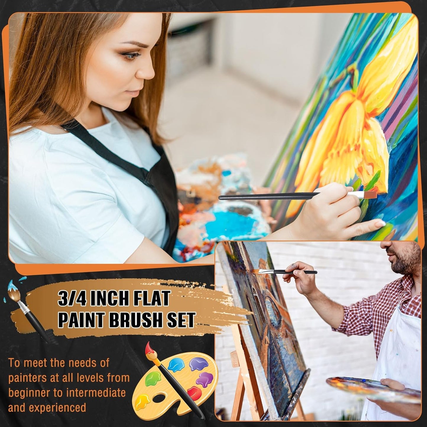 Zonon 10 Pcs 3/4 Inch Flat Paint Brushes Acrylic Painting Craft Accessories Small Watercolor Paint Brushes Bulk for Adult Artist Detail Oil Canvas Face(8.1 x 0.9 x 3/4 Inch,Black)