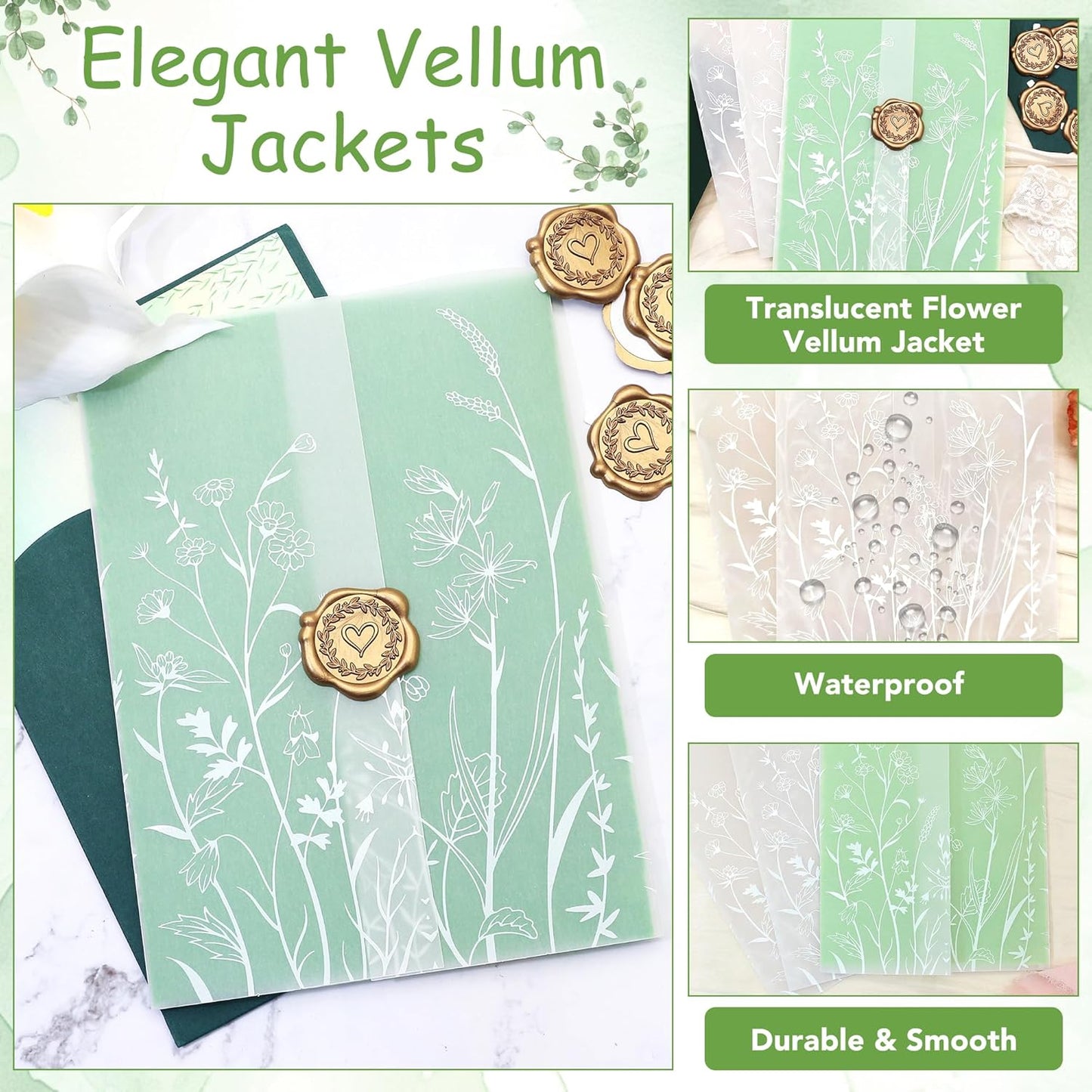 SWANGSA 100 Sets Wedding Invitations Wraps, Vellum Jackets for 5x7 Invitations & Self Adhesive Antique Gold Heart Wax Seal Stickers for Wedding Bridal Baby Shower Birthday Envelopes (White Wildflower)