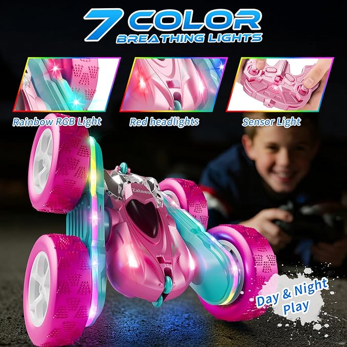 RC Car Pink 4WD Remote Control Car 360° Flip Double‑Sided LED Light Bar & Quick‑Swap USB‑C Modular Battery, 2.4 GHz No‑Interference Popular Outdoor Beach Toy, Popular Gift for Girls Ages 6‑12