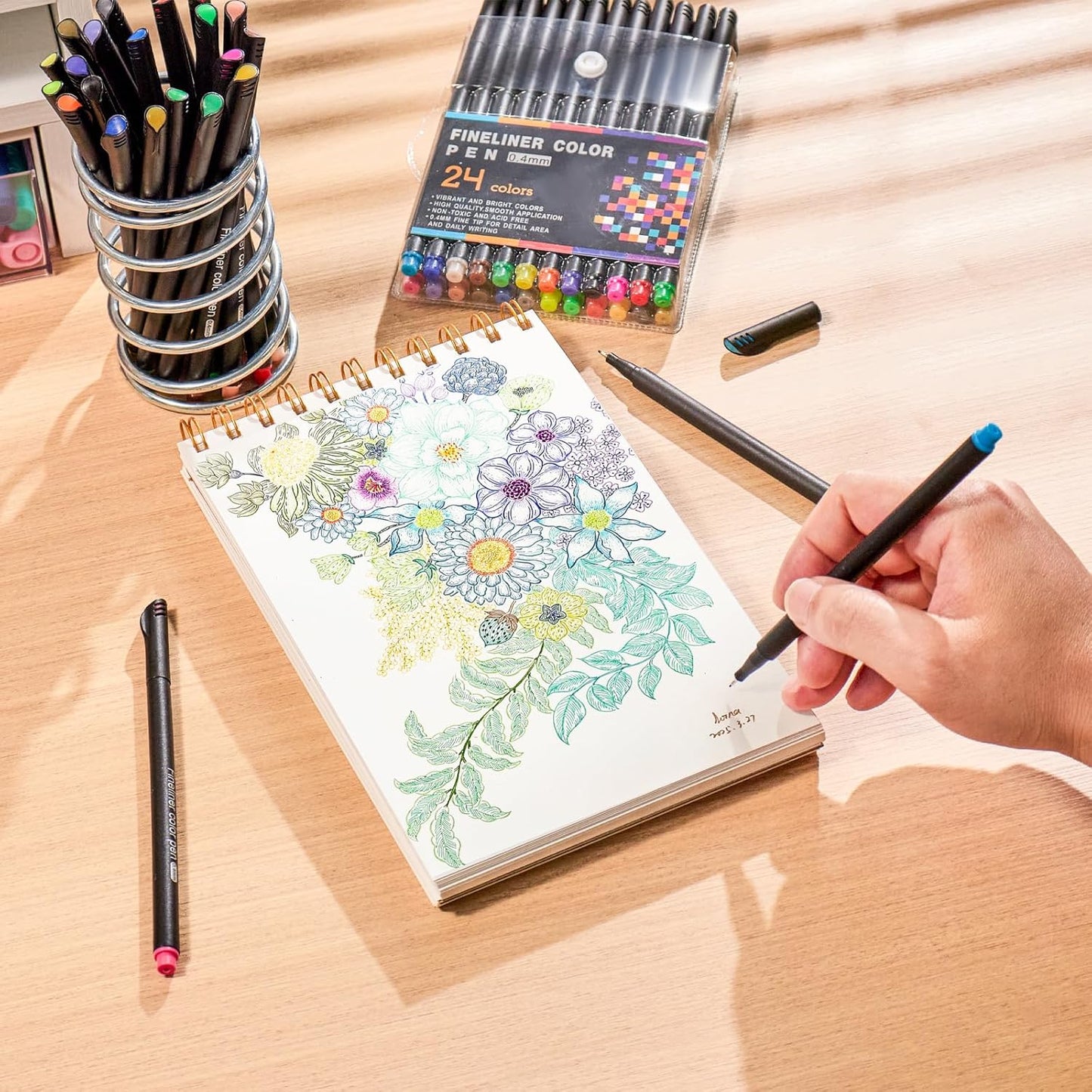 24 Colors Fineliner Color Pens - 0.4mm Fine Point Colored Pens for Journaling, Doodling, Drawing, Note Taking, Adult Coloring, Planner Supplies – Black Barrel