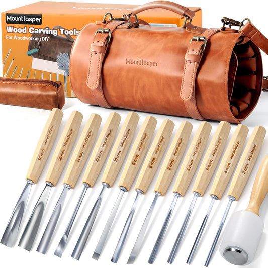 Wood Carving Tools, Wood Carving Kit of 12 Chisels, 1 Nylon Hammer & Leather Bag, CR-V Wood Chisel Set Whittling Kinves Kit, Carving Knife Set for Beginners, Carpenters