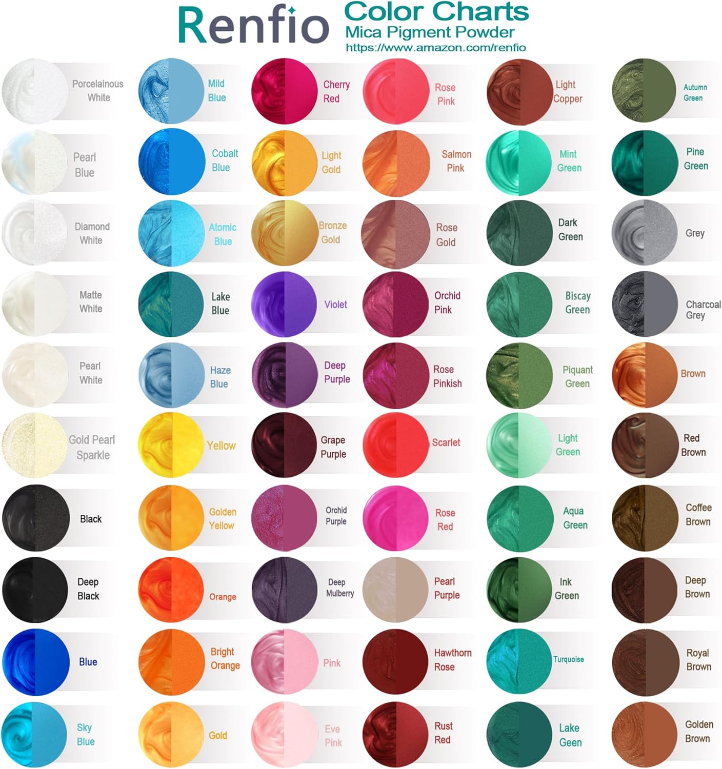 Renfio Mica Powder, 60 Colors Mica Powder for Resin Natural Epoxy Resin Color Pigment Powder Dye 0.25oz/7g Bottles Shimmer Pearl Pigments for Soap Making, Candle Making, Epoxy Crafts, Slime, Nail Art