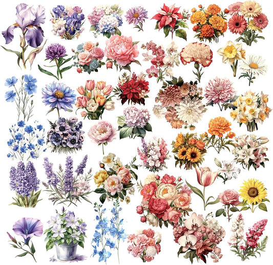 Vintage Vellum Stickers Floral Plants Elements Scrapbooking Supplies Flowers Botanic Natural Translucent Paper Self-Adhesive Junk-Journal Items (Blooming Flowers)