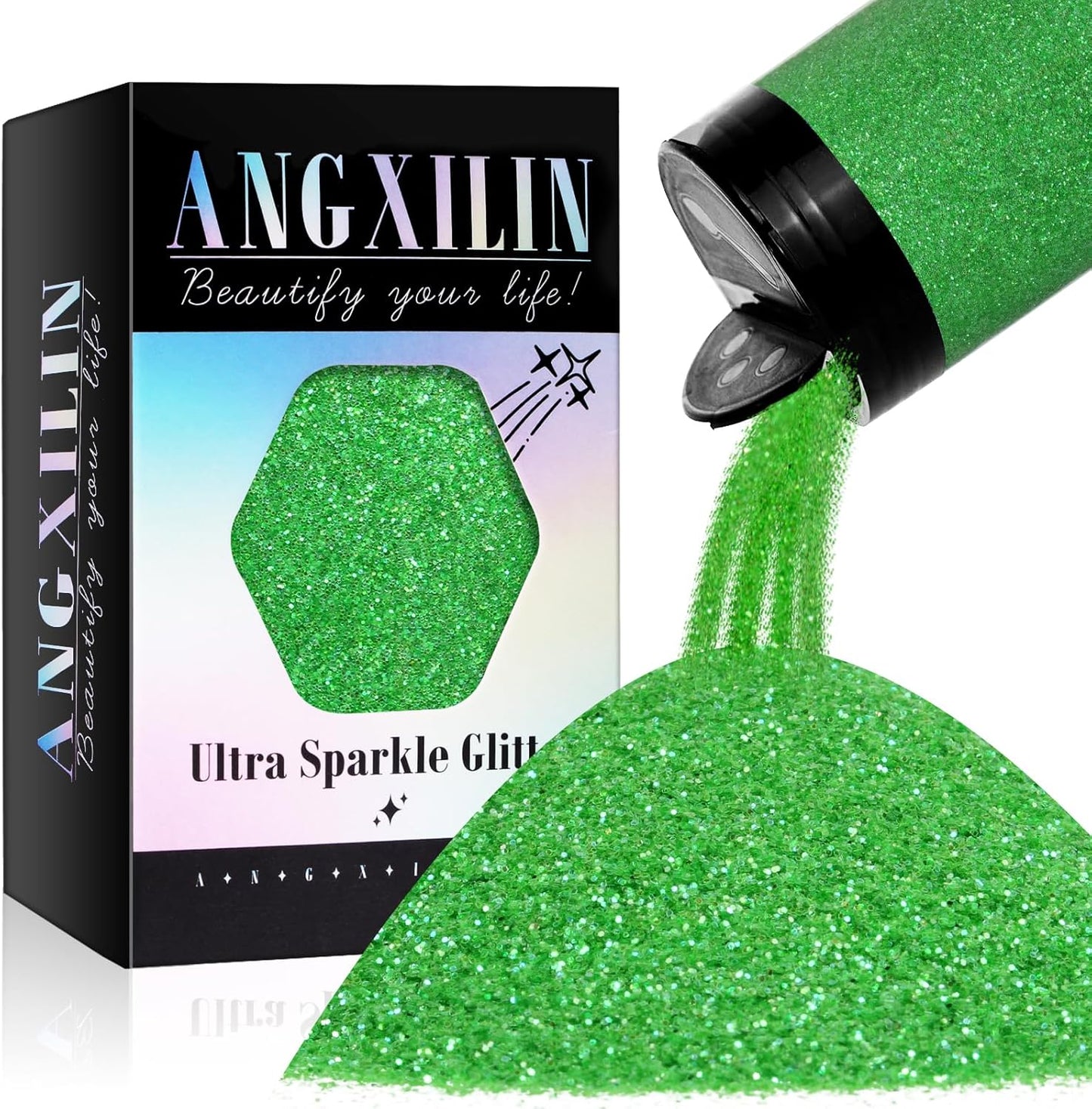 High Capacity 260g Iridescent Fine Glitter,Shaker Bottle Fine Glitter for Epoxy Resin DIY Craft,Rainbow Fine Glitter for Nail Art Face Body Glitter Tumbler Making (IRI Green)