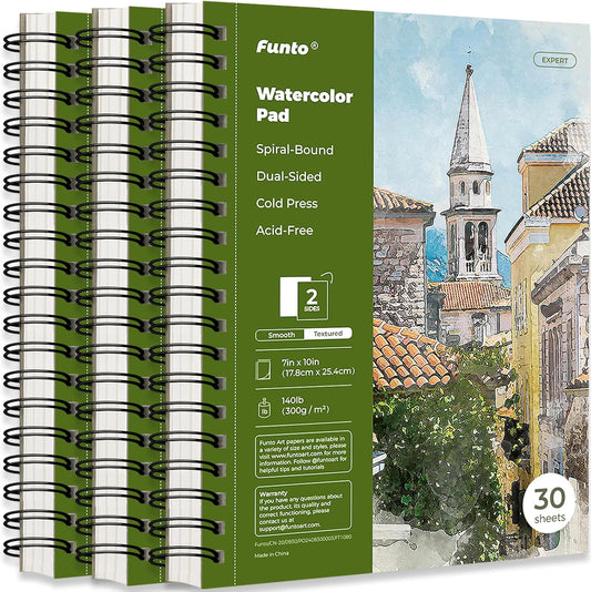Funto Watercolor Pad 10x7, 3-Pack, 90 Sheets, 140 lb/300 GSM, Double-Sided, Cold Press, Spiral Bound, Heavyweight Paper for Watercolor Painting