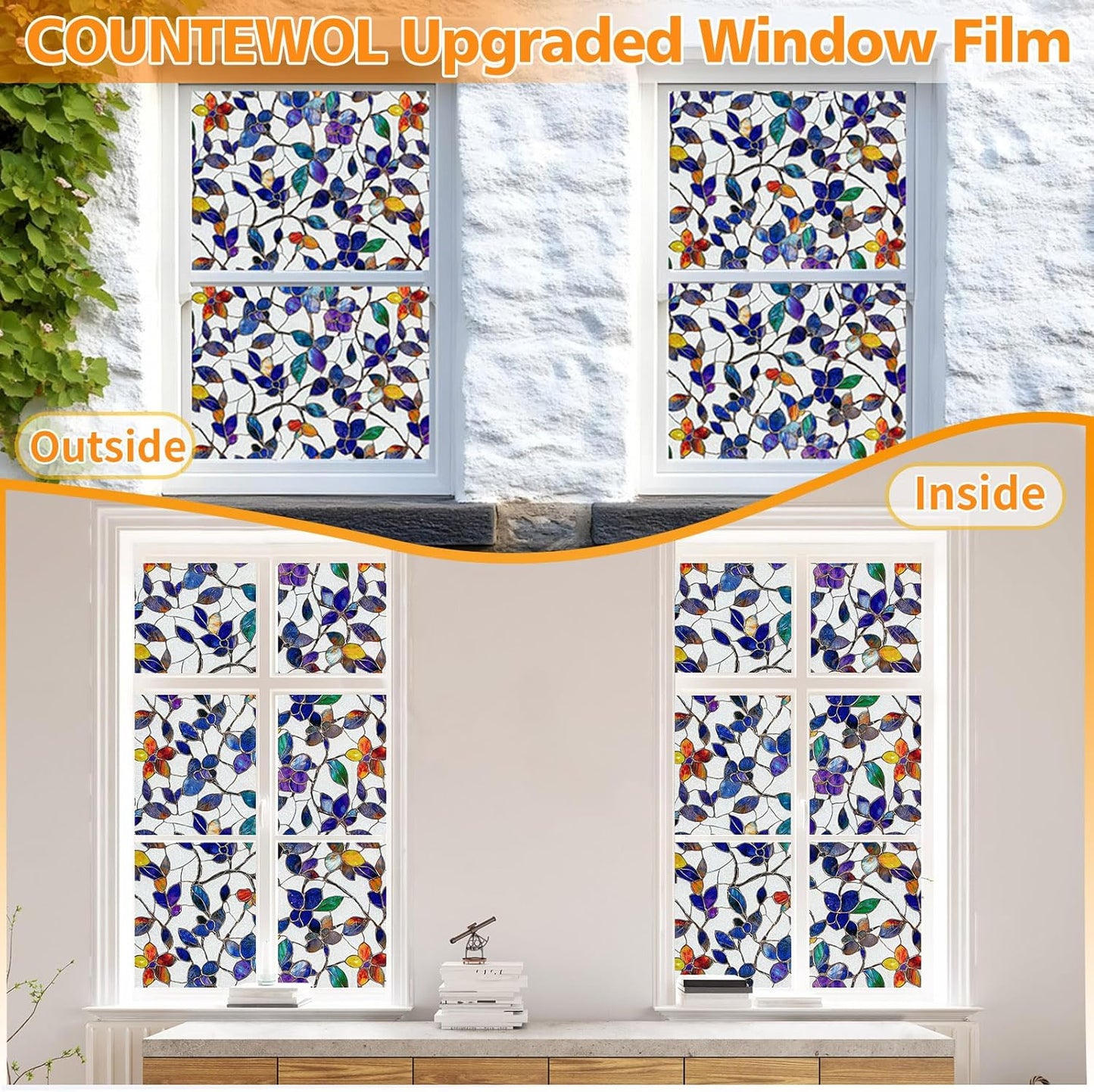 Window Privacy Film Stain Glass Window Film Rainbow Window Film Window clings Non-Adhesive Reusable Decorative for Room (Frosted Stained Leaf, 17.5 x 78.7 in)