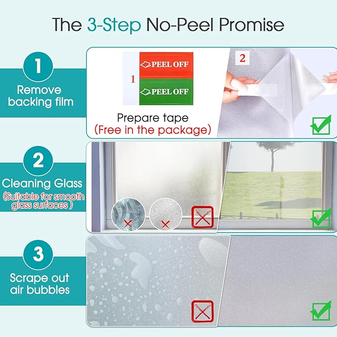 Coavas Window Privacy Film Frosted Glass Static Clings, Decorative Bathroom Door Privacy Film Day and Night, Heat UV Blocking Anti-Glare Frosting Stickers Renter Non-Adhesive, 23.6 x 393.7 Inch, Pure