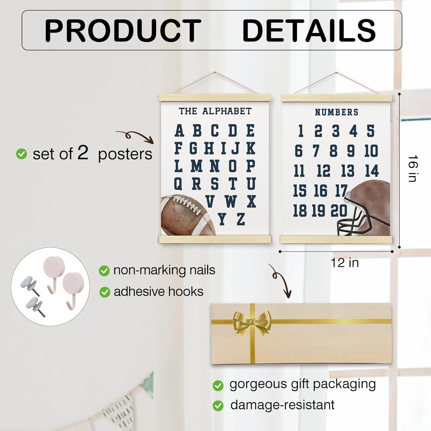 BONETAT Numbers alphabet poster for Nursery Toddlers, Play Room Wall Decor, ABC Wall Chart, Wall Hanging Decor for Toddler Playroom Decor Kids Wall Decor, Wooden Frame Alphabet Banner-A01