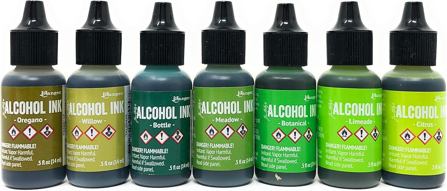 Greens Alcohol Inks Set | Tim Holtz Alcohol Inks Shades of Green 7-Pack | Willow, Citrus, Bottle, Oregano, Meadow, Limeade, Botanical | 10 Pixiss Alcohol Ink Blending Tools