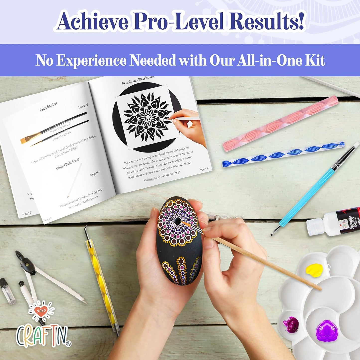 Complete Beginner's Mandala Painting 46 Piece Kit with Acrylic Paints, Reusable Stencils and Dotting Tools. Fun Rock Art & DIY Craft Project. Starter Activity Pack and Gift for Teens, and Adults