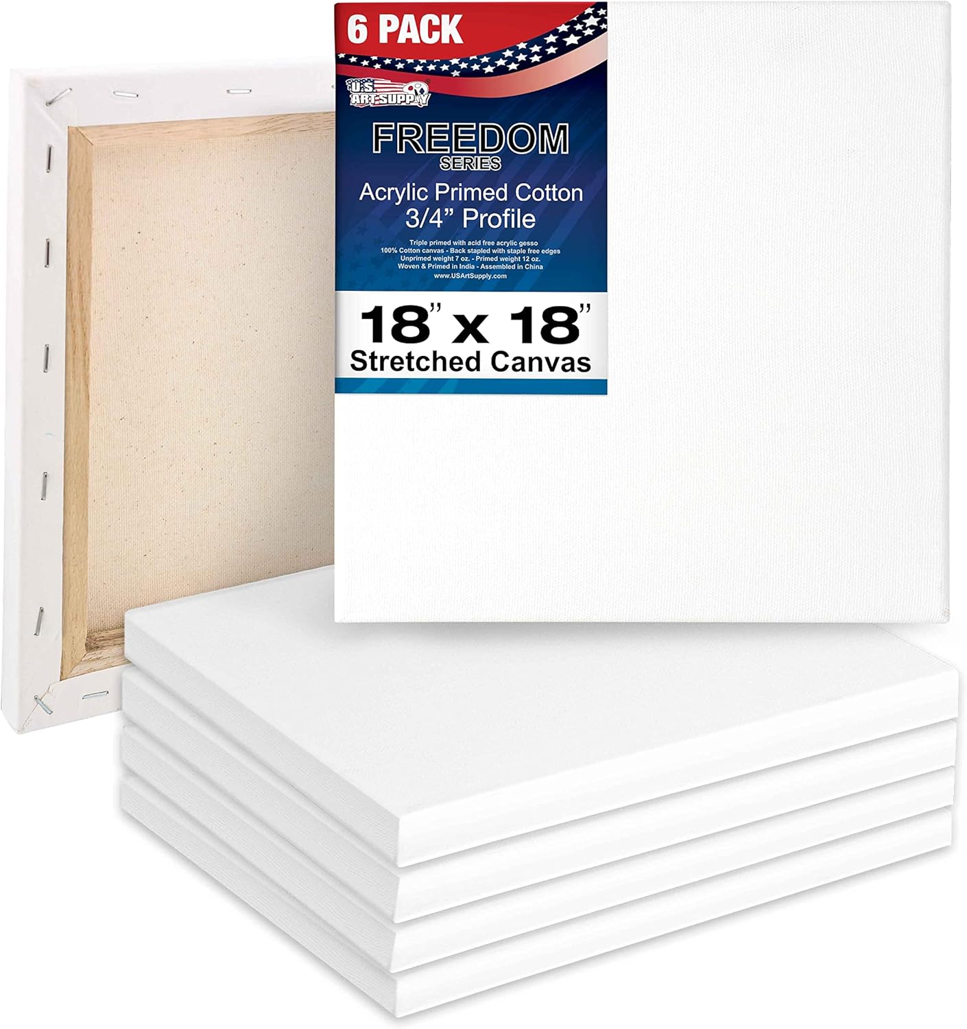 U.S. Art Supply 18 x 18 inch Stretched Canvas for Painting, 12oz Triple Primed, 6-Pack - Professional Artist Quality White Blank 3/4" Profile, 100% Cotton, Heavy-Weight Gesso - Acrylic Pouring, Oil