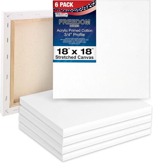 U.S. Art Supply 18 x 18 inch Stretched Canvas for Painting, 12oz Triple Primed, 6-Pack - Professional Artist Quality White Blank 3/4" Profile, 100% Cotton, Heavy-Weight Gesso - Acrylic Pouring, Oil