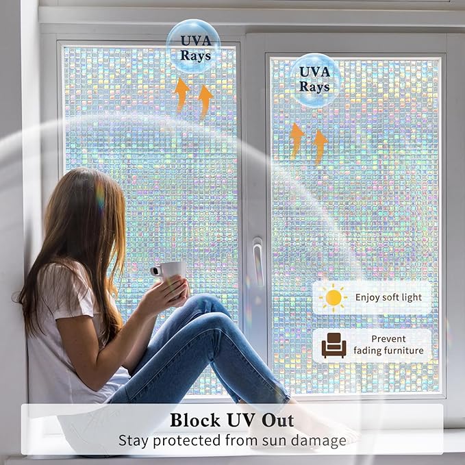 Privacy Window Film Stained Glass Non-Adhesive Rainbow Window Film Home Decorative Vinyl Static Cling Window Stickers Window Covering for Glass Door Bedroom Office 35.4 Inch x 6.8 Feet