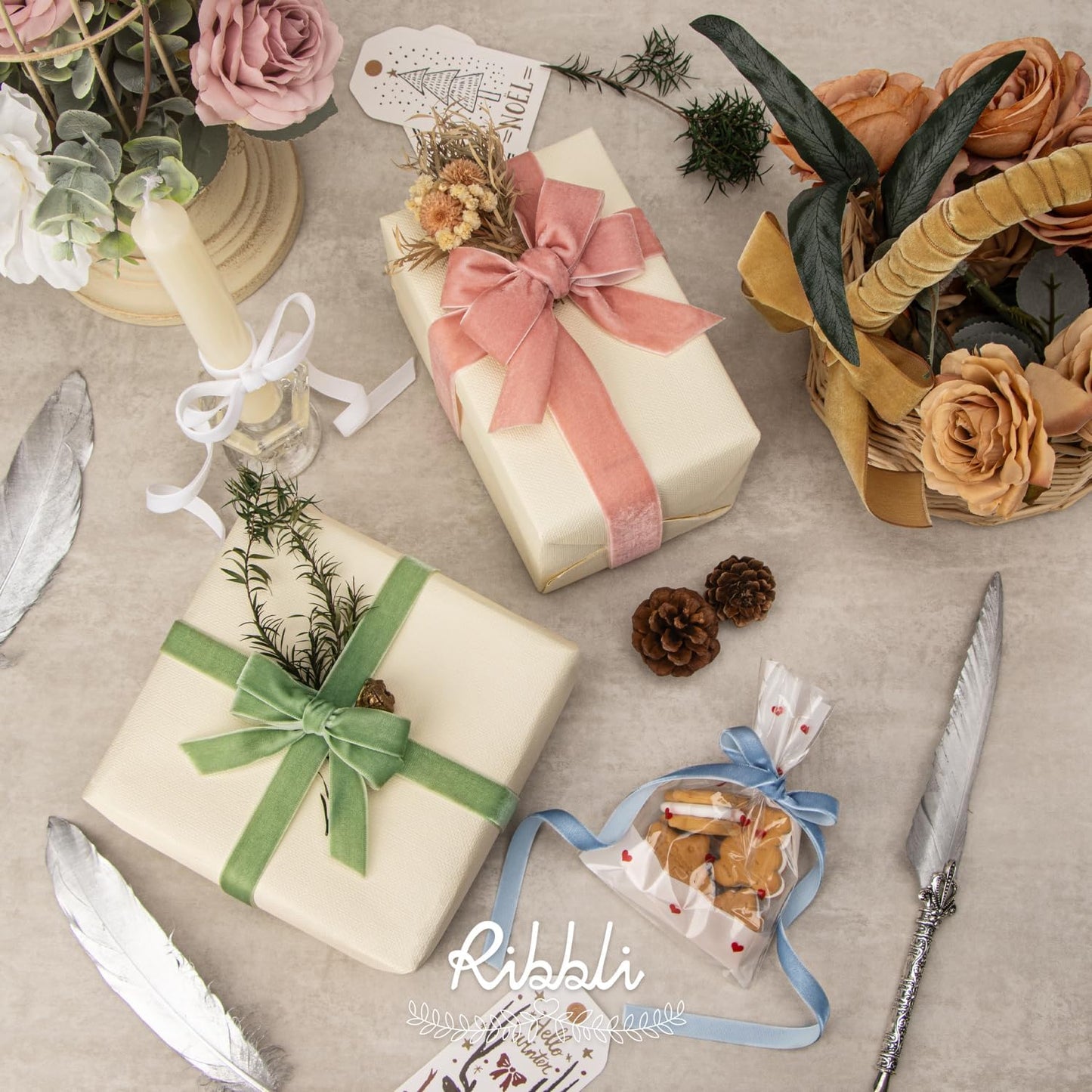 Ribbli Dusty Blue Velvet Ribbon 3/8 Inches Continuous10 Yard Spool Blue Christmas Ribbon for Gift Wrapping Crafts Home Decor