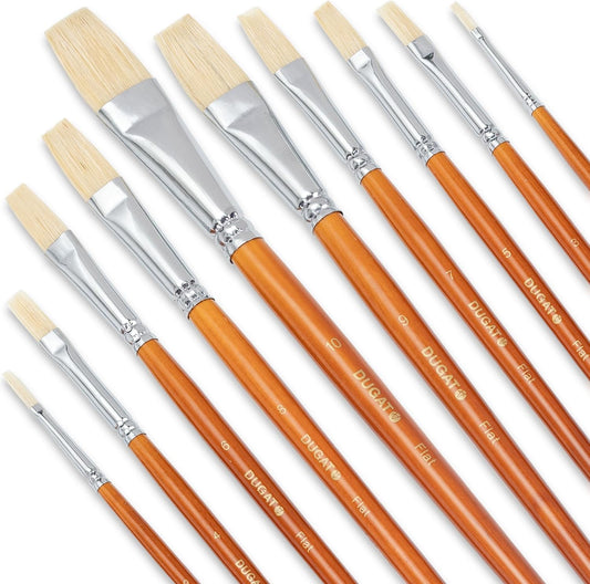 DUGATO 10pc Flat Hog Bristle Paint Brush Set - Short Handle Artist Brushes for Acrylic, Oil, Gouache, Watercolor - Canvas, Fabric & Craft Painting