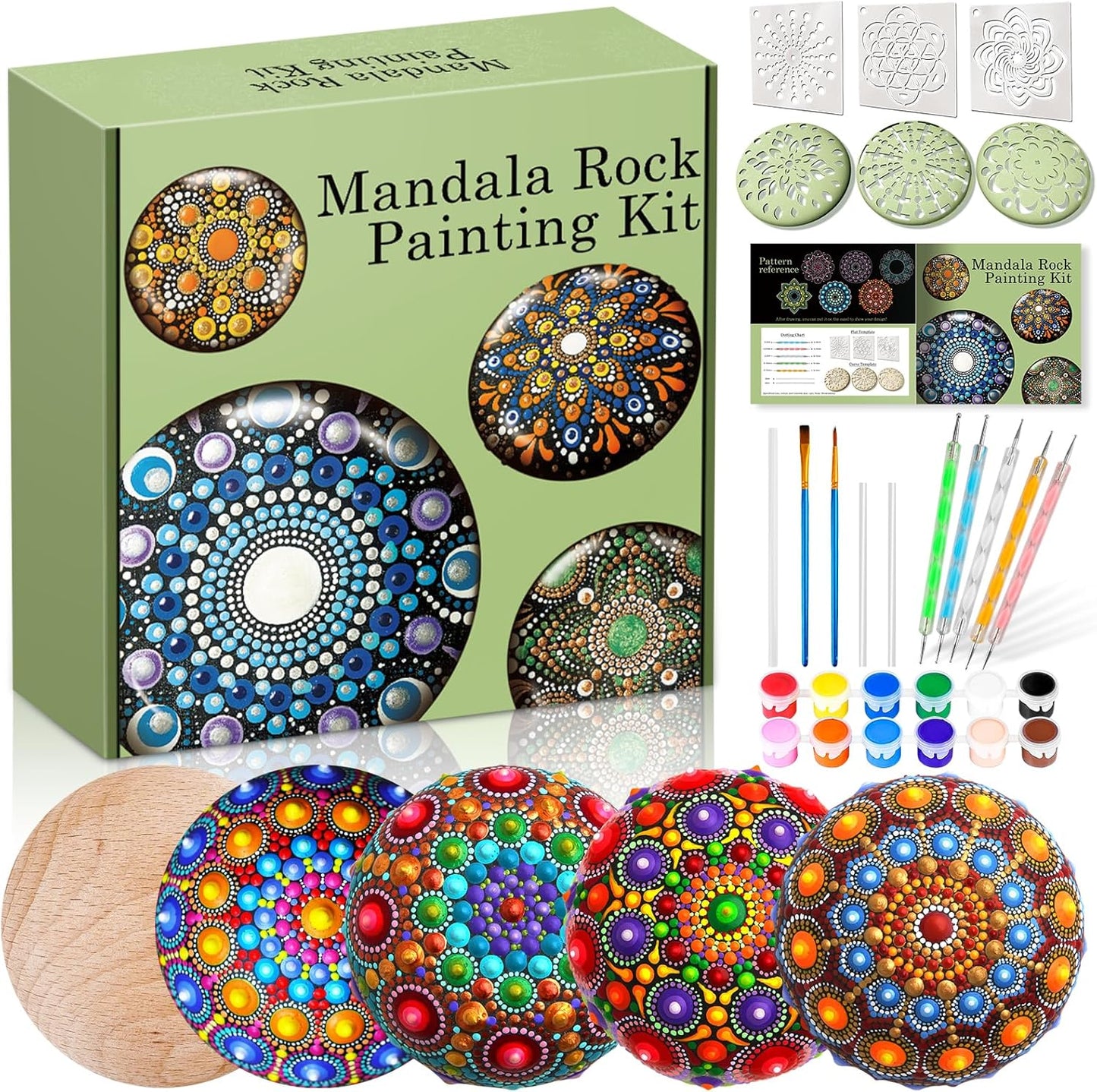 Mandala Rock Painting Kit - Mandala Dotting Tools Kit - 5 Large Wooden Rocks for Painting with Stencil Supplies, Dotting Tools for Paint Rocks - Dot Art and Crafts for Adults