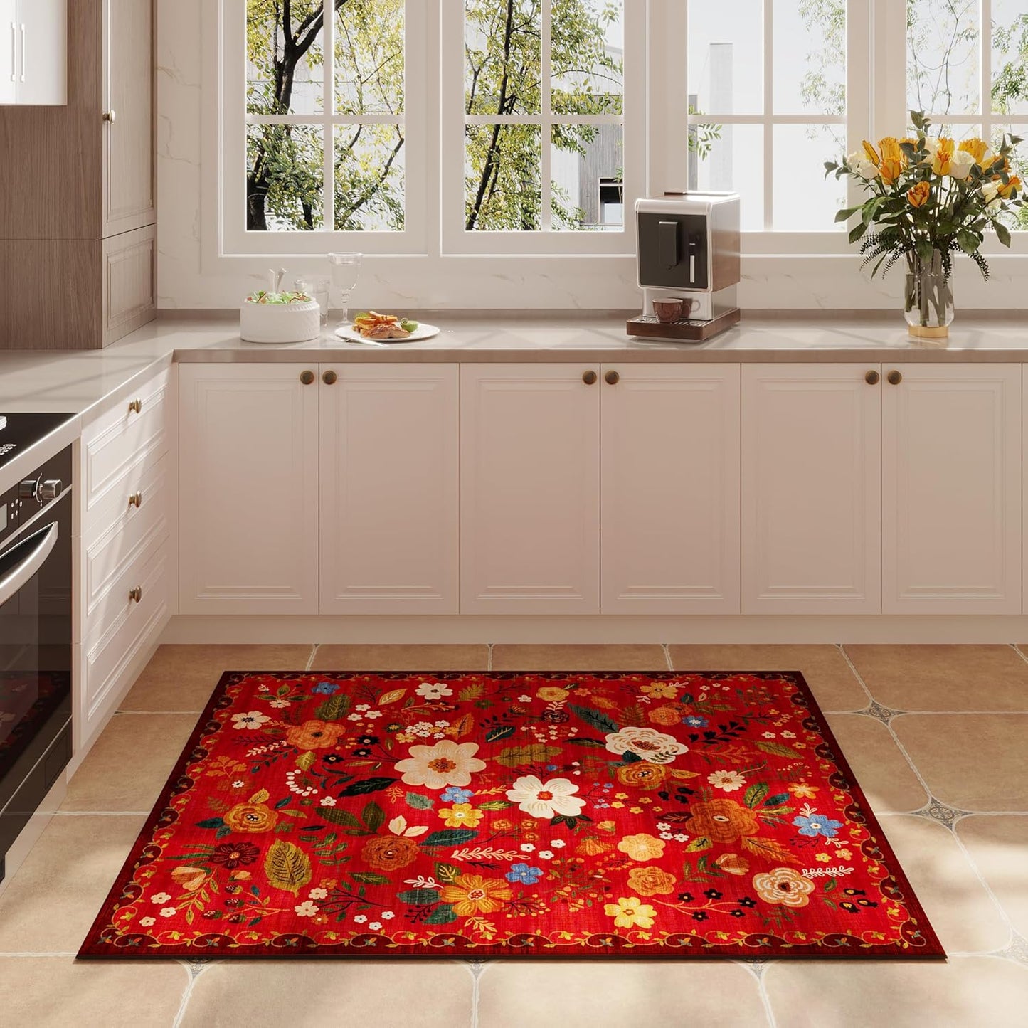 Rugcomf Door Mat Indoor Entrance 2x3 Rug Machine Washable Boho Floral Small Area Rug Non-Slip Low Pile Throw Rugs for Entryway, Kitchen, Front Door Indoor Entrance, Entry, Kids Room (Red)