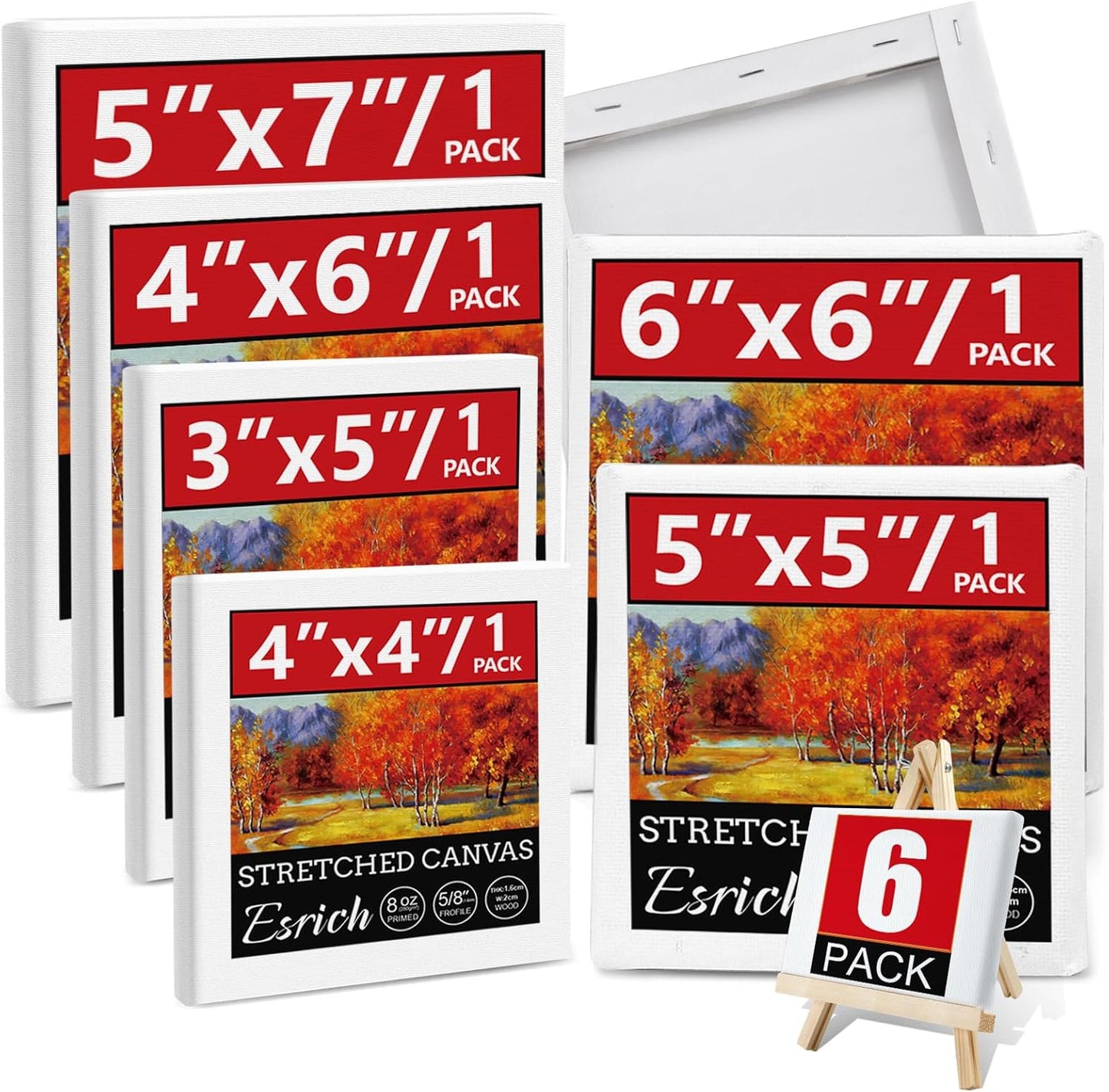 6Packs Mini Stretched Canvases for Painting with 3x5”, 4x4”, 4x6”, 5x5”, 5x7”, 6x6”, Painting Canvas for Oil & Acrylic Paint.
